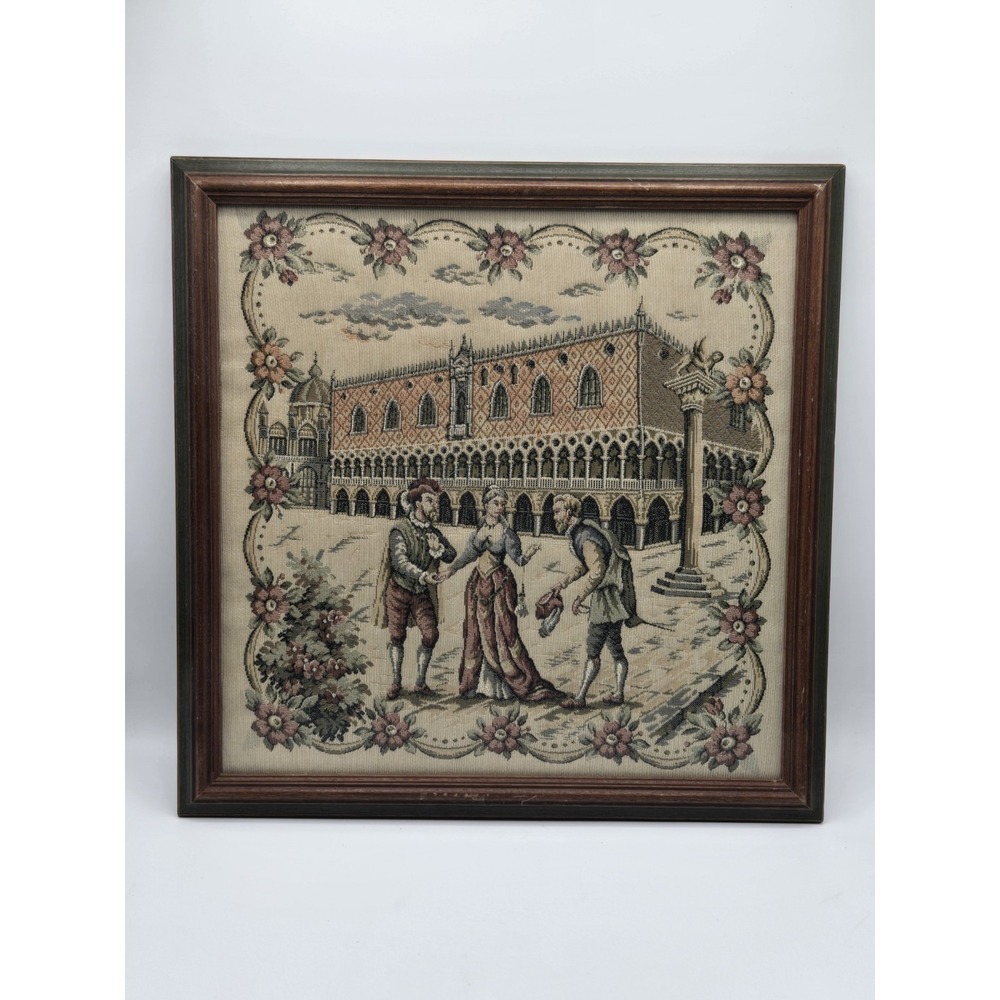 Italian Framed Tapestry Wall Hanging Venice Doge's Palace Scene Floral‎ Border